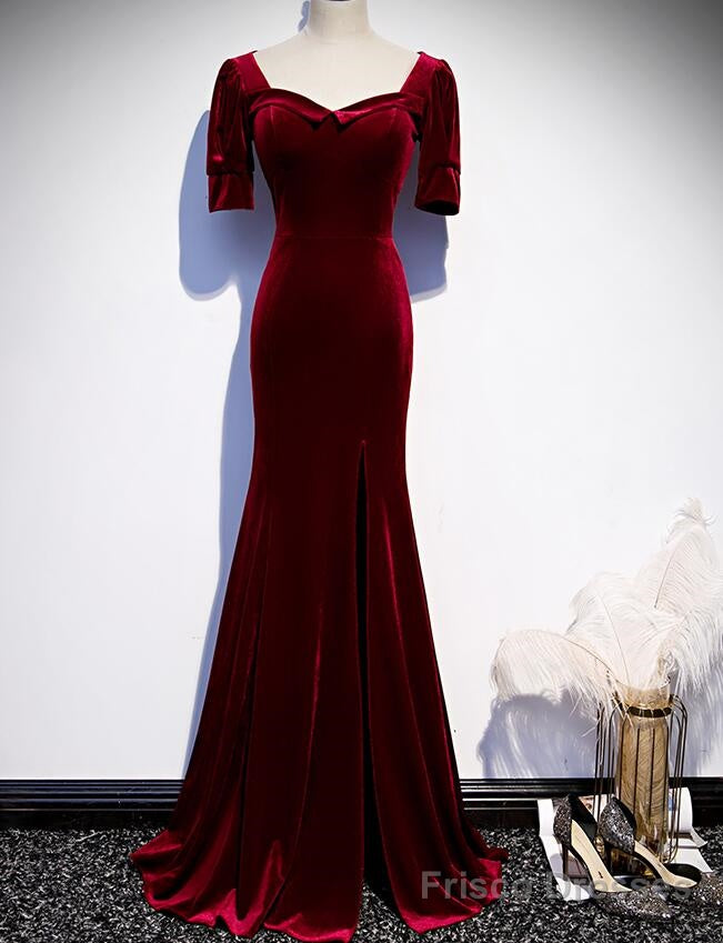 Wine Red Velvet Mermaid Long Evening Party Dresses, Dark Red Velvet Formal Dresses Main image