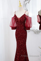 Wine Red Velvet Mermaid Long Party Dress, Wine Red Vekvet Formal Prom Dress