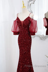 Wine Red Velvet Mermaid Long Party Dress, Wine Red Vekvet Formal Prom Dress
