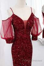 Wine Red Velvet Mermaid Long Party Dress, Wine Red Vekvet Formal Prom Dress