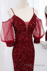 Wine Red Velvet Mermaid Long Party Dress, Wine Red Vekvet Formal Prom Dress