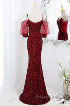 Wine Red Velvet Mermaid Long Party Dress, Wine Red Vekvet Formal Prom Dress