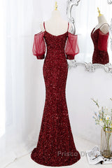 Wine Red Velvet Mermaid Long Party Dress, Wine Red Vekvet Formal Prom Dress