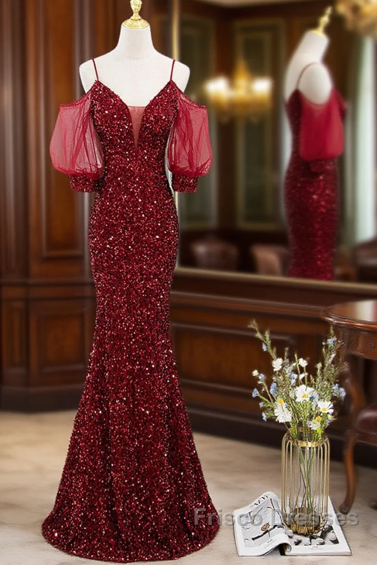 Wine Red Velvet Mermaid Long Party Dress, Wine Red Vekvet Formal Prom Dress Main image
