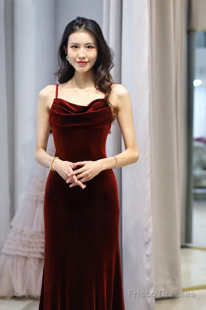 Wine Red Velvet Mermaid Straps Long Party Dress , Burgundy Bridesmaid Dresses Secondary image