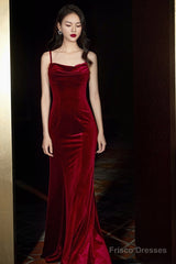 Wine Red Velvet Mermaid Straps Long Party Dress , Burgundy Bridesmaid Dresses