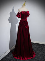 Wine Red Velvet Off Shoulder A-Line Long Party Dress, Wine Red Floor Length Prom Dress