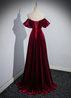 Wine Red Velvet Off Shoulder A-Line Long Party Dress, Wine Red Floor Length Prom Dress