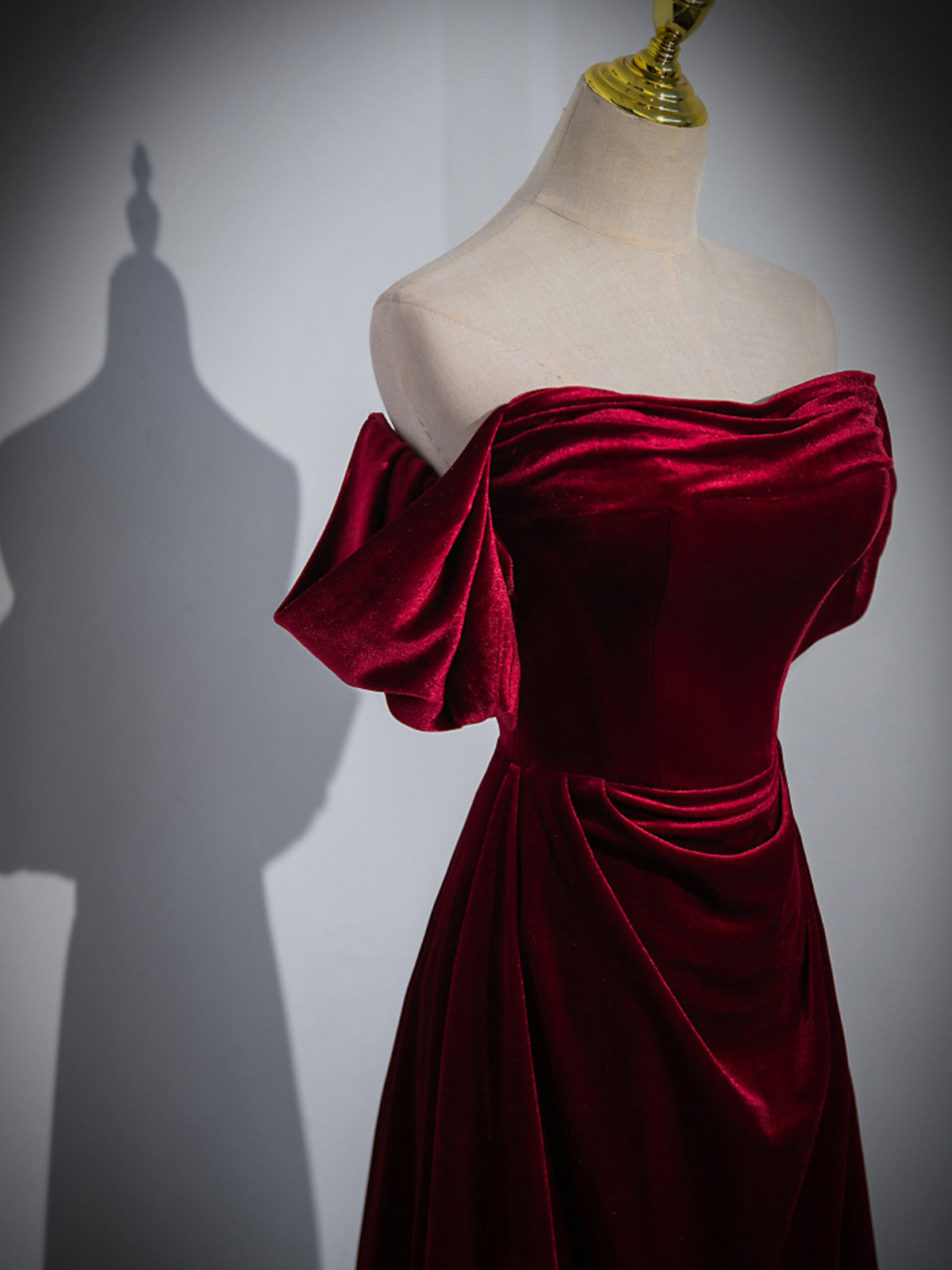Wine Red Velvet Off Shoulder A-Line Long Party Dress, Wine Red Floor Length Prom Dress