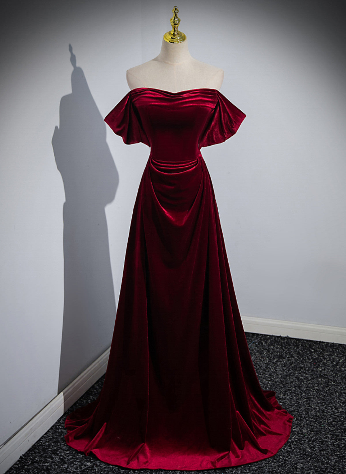 Wine Red Velvet Off Shoulder A-Line Long Party Dress, Wine Red Floor Length Prom Dress Main image