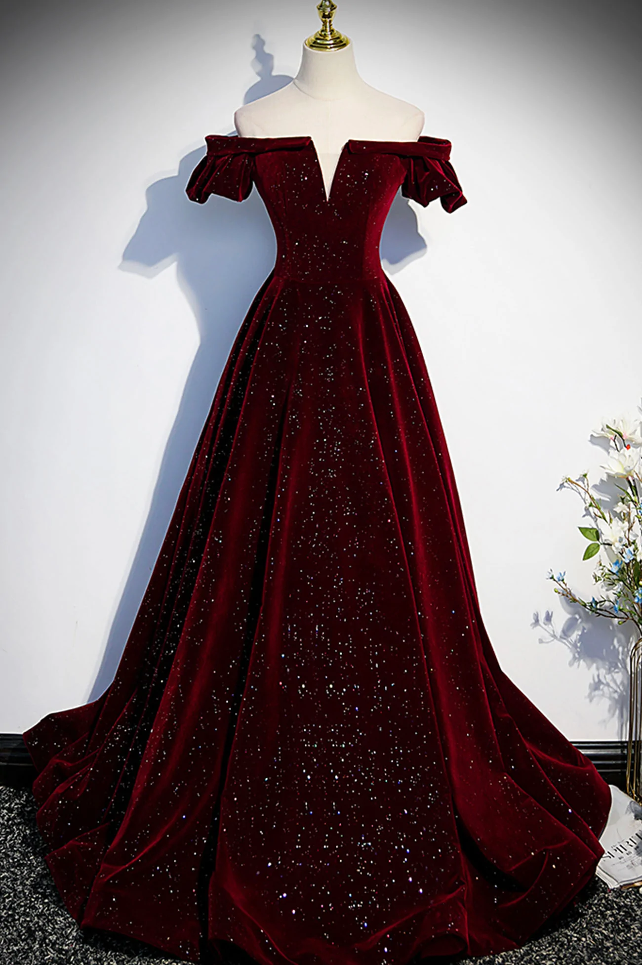Wine Red Velvet Off Shoulder Long Formal Evening Gown, Wine Red Prom Dresses Secondary image