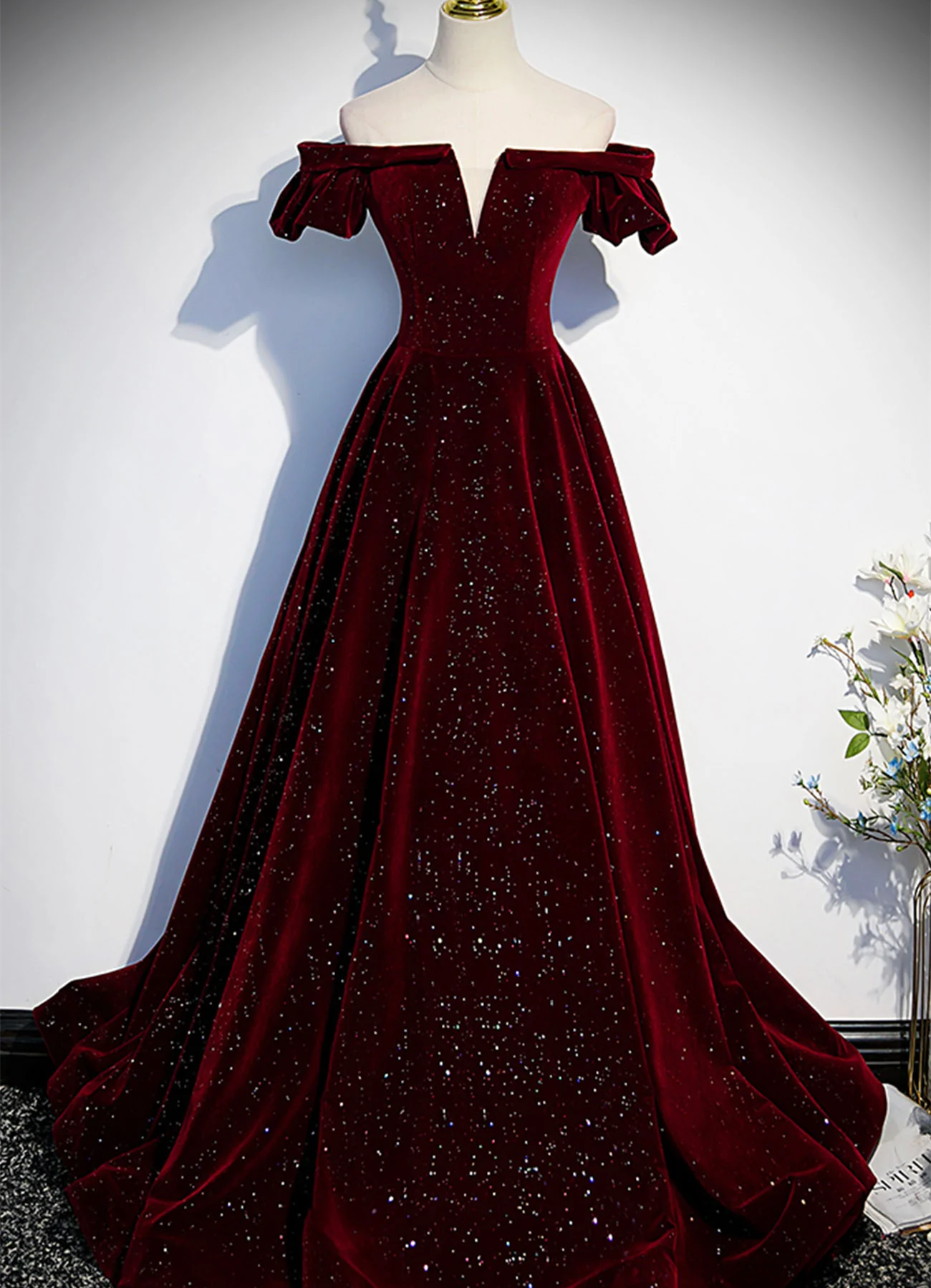 Wine Red Velvet Off Shoulder Long Formal Evening Gown, Wine Red Prom Dresses Main image