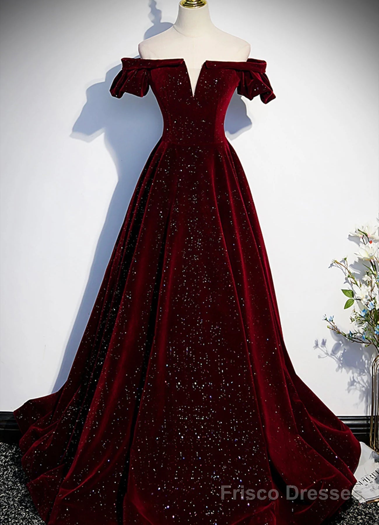 Wine Red Velvet Off Shoulder Long Formal Evening Gown, Wine Red Prom Dresses