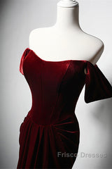 Wine Red Velvet Off Shoulder Long Mermaid Formal Prom Dress, Wine Red Velvet Eveing Dress