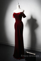 Wine Red Velvet Off Shoulder Long Mermaid Formal Prom Dress, Wine Red Velvet Eveing Dress
