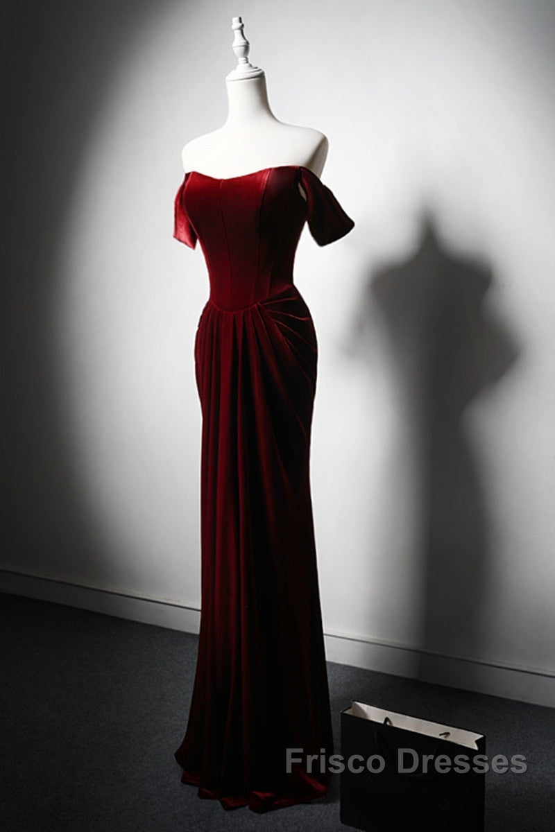 Wine Red Velvet Off Shoulder Long Mermaid Formal Prom Dress, Wine Red Velvet Eveing Dress