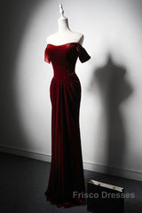 Wine Red Velvet Off Shoulder Long Mermaid Formal Prom Dress, Wine Red Velvet Eveing Dress