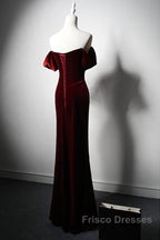 Wine Red Velvet Off Shoulder Long Mermaid Formal Prom Dress, Wine Red Velvet Eveing Dress