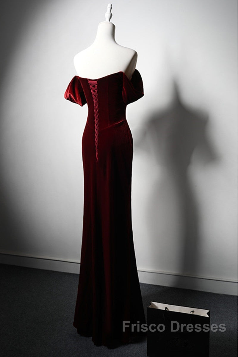 Wine Red Velvet Off Shoulder Long Mermaid Formal Prom Dress, Wine Red Velvet Eveing Dress