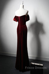 Wine Red Velvet Off Shoulder Long Mermaid Formal Prom Dress, Wine Red Velvet Eveing Dress