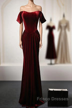 Wine Red Velvet Off Shoulder Long Mermaid Formal Prom Dress, Wine Red Velvet Eveing Dress