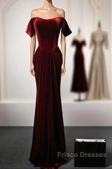 Wine Red Velvet Off Shoulder Long Mermaid Formal Prom Dress, Wine Red Velvet Eveing Dress