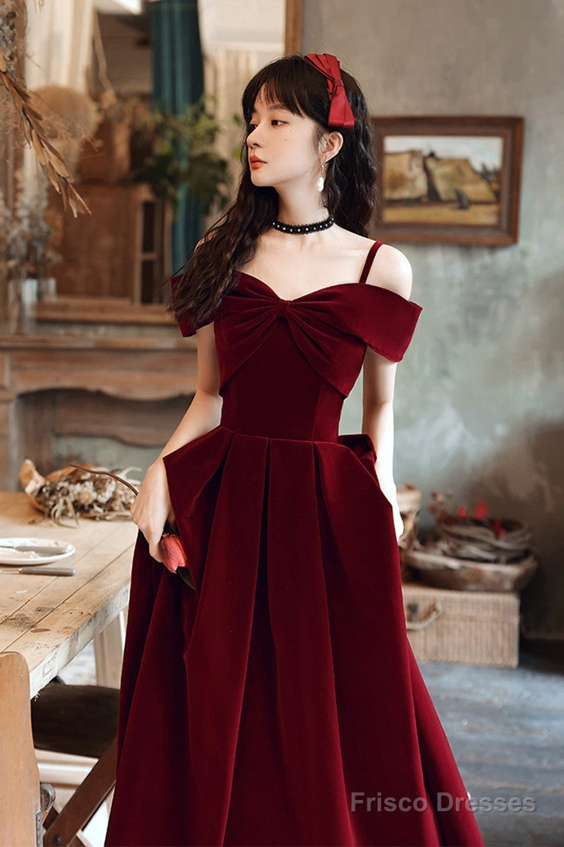 Wine Red Velvet Off Shoulder Long Prom Dress, Wine Red Party Dress Formal Dress Main image