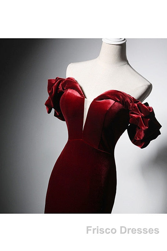 Wine Red Velvet Off Shoulder Mermaid Long Formal Prom Dress, Long Lace-Up Evening Dress