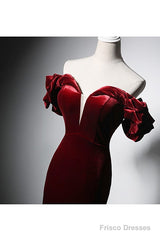Wine Red Velvet Off Shoulder Mermaid Long Prom Dress, Long Lace-Up Evening Dress