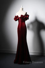 Wine Red Velvet Off Shoulder Mermaid Long Formal Prom Dress, Long Lace-Up Evening Dress