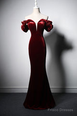 Wine Red Velvet Off Shoulder Mermaid Long Prom Dress, Long Lace-Up Evening Dress