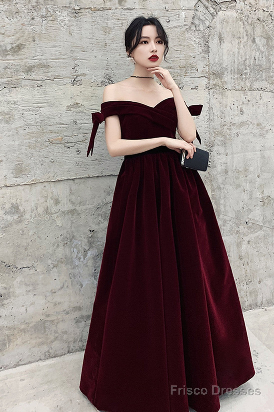 Wine Red Velvet Off Shoulder Party Dress, A-Line Velvet Bridesmaid Dress Prom Dress Main image