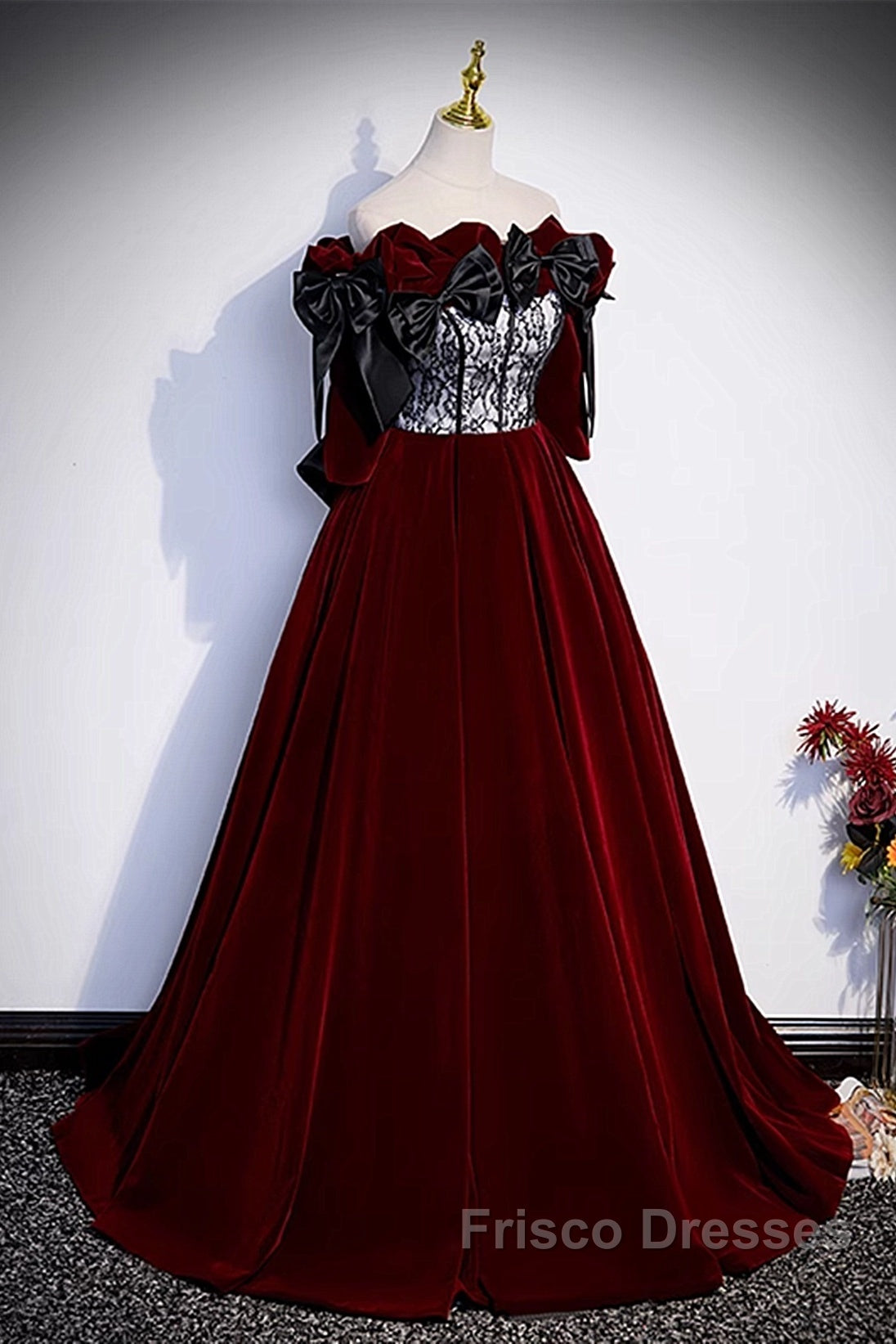 Wine Red Velvet Off Shoulder Party Dress With Bow, Wine Red Velvet Long Formal Prom Dress Secondary image