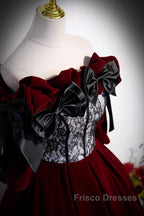 Wine Red Velvet Off Shoulder Party Dress With Bow, Wine Red Velvet Long Formal Prom Dress