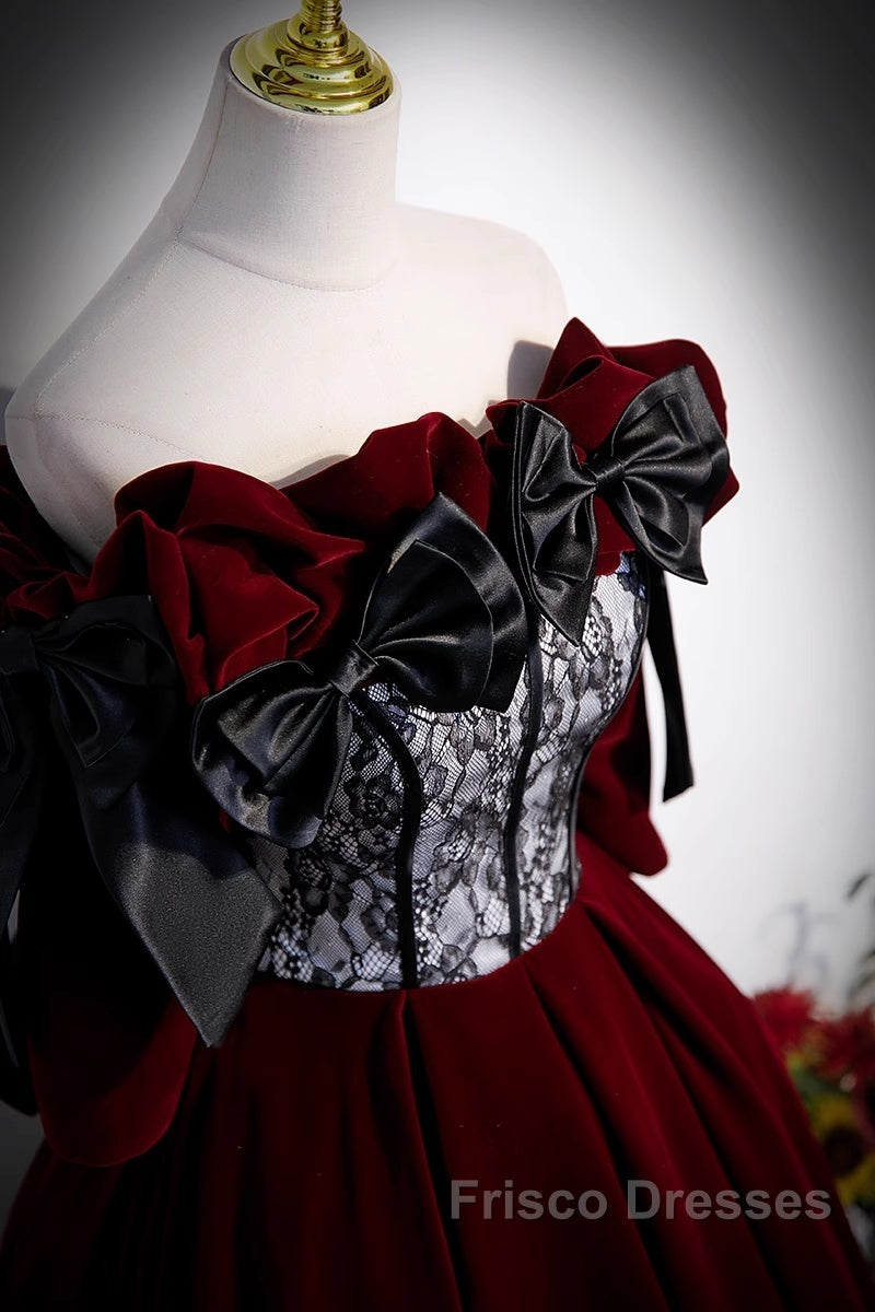 Wine Red Velvet Off Shoulder Party Dress With Bow, Wine Red Velvet Long Formal Prom Dress
