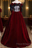 Wine Red Velvet Off Shoulder Party Dress With Bow, Wine Red Velvet Long Formal Prom Dress