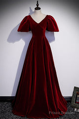 Wine Red Velvet Puffy Short Sleeves Party Dress, Velvet Long Bridesmaid Dress