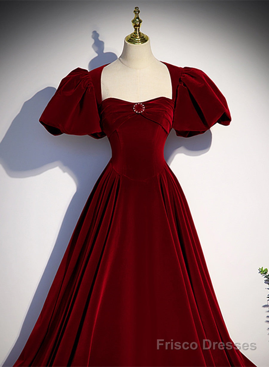 Wine Red Velvet Puffy Sleeves Long Party Dress, Wine Red Long Prom Dre Frisco Dresses Wine Red Velvet Puffy Sleeves Long Party Dress, Wine Red Long Prom Dre Frisco Dresses