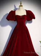 Wine Red Velvet Puffy Sleeves Long Party Dress, Wine Red Long Prom Dress