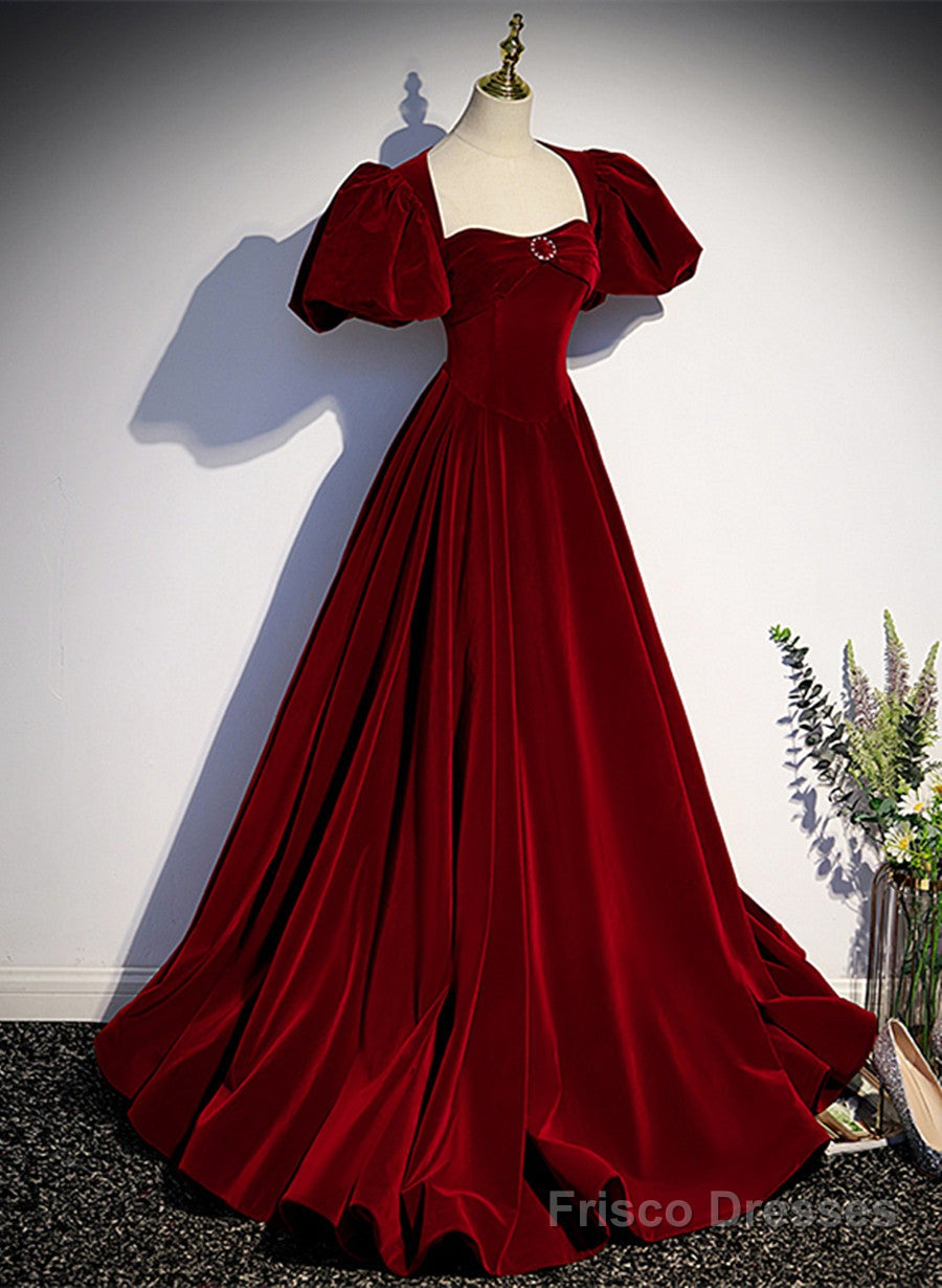 Wine Red Velvet Puffy Sleeves Long Party Dress, Wine Red Long Prom Dre – Frisco Dresses