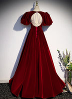 Wine Red Velvet Puffy Sleeves Long Party Dress, Wine Red Long Prom Dress