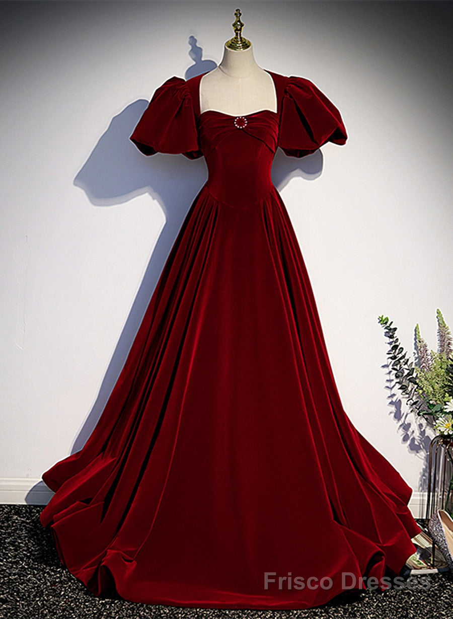 Wine Red Velvet Puffy Sleeves Long Party Dress, Wine Red Long Prom Dress - Wine Red / US2 Wine Red Velvet Puffy Sleeves Long Party Dress, Wine Red Long Prom Dress - Wine Red / US2