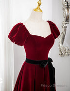 Wine Red Velvet Short Sleeves A-line Prom Dress, Wine Red Long Party Dress