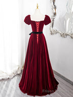 Wine Red Velvet Short Sleeves A-line Prom Dress, Wine Red Long Party Dress