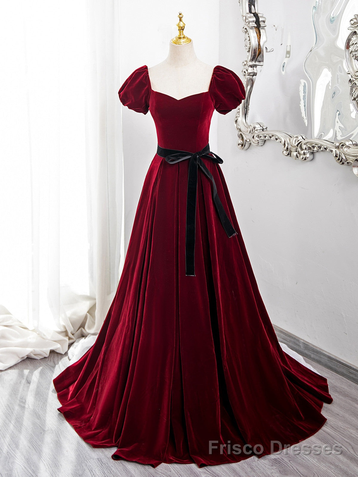 Wine Red Velvet Short Sleeves A-line Prom Dress, Wine Red Long Party Dress Main image