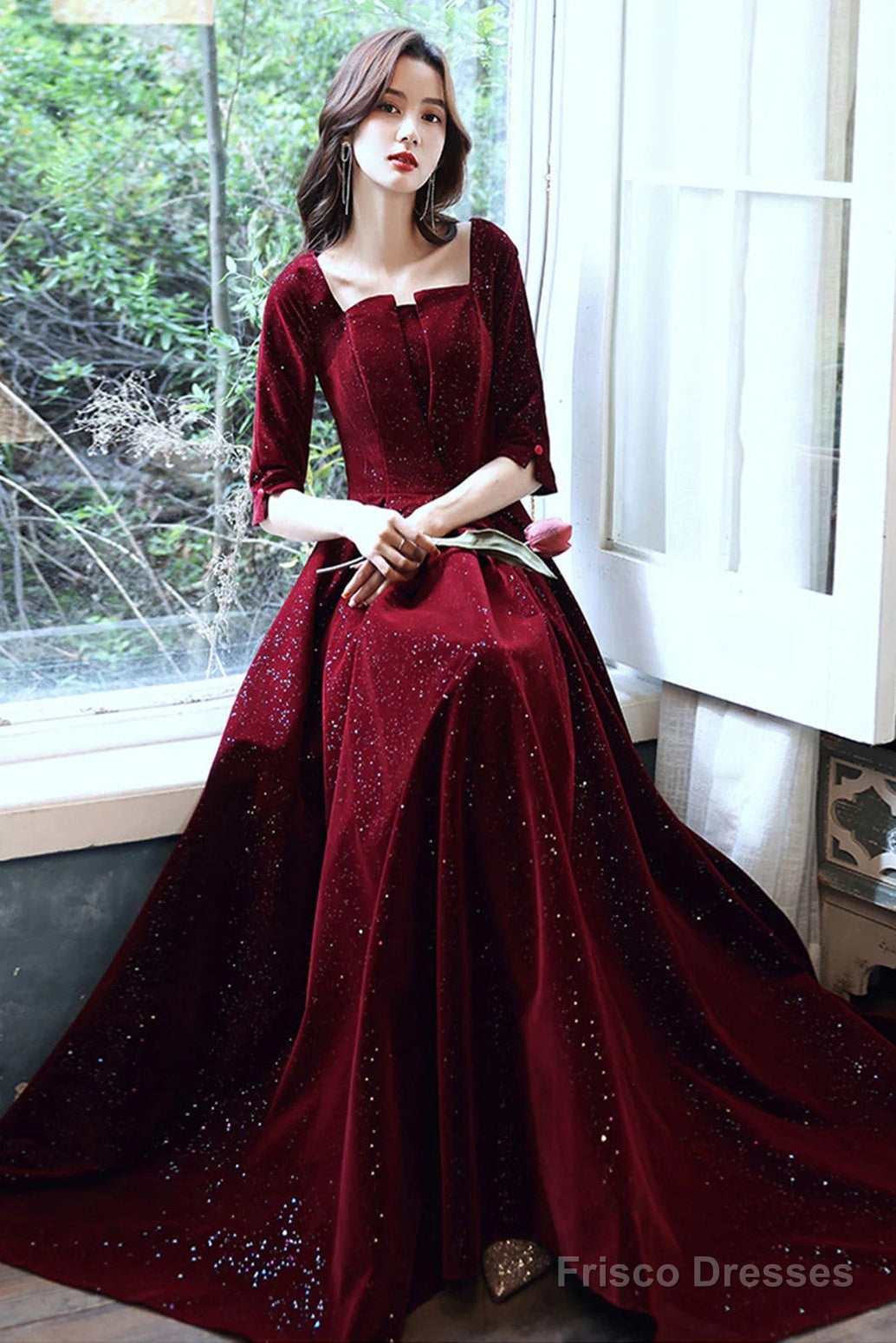 Wine Red Velvet Short Sleeves Long Formal Dress, A-Line Wine Red Prom Dress Secondary image