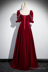 Wine Red Velvet Short Sleeves Long Prom Dress, Wine Red A-Line Evening Dress