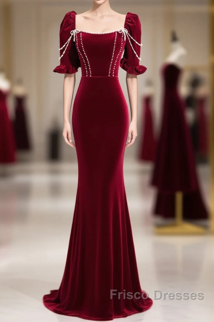 Wine Red Velvet Short Sleeves Long Formal Prom Dress, Wine Red A-Line Evening Dress Main image