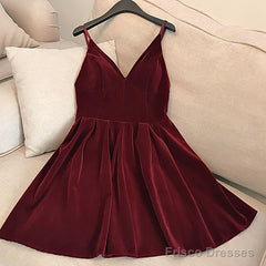 Wine Red Velvet Short V Back Homecoming Dress Party Dress, Dark Red Short Prom Dress