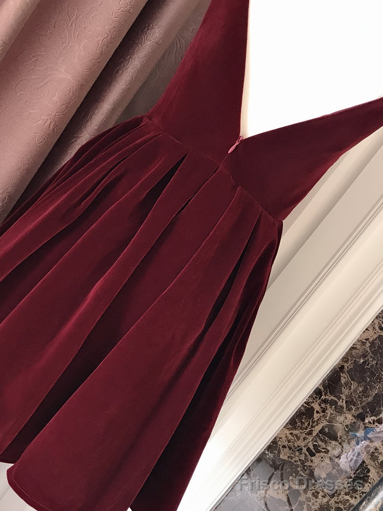 Wine Red Velvet Short V Back Homecoming Dress Party Dress, Dark Red Short Prom Dress